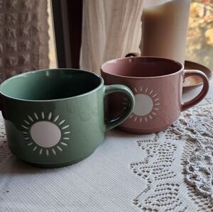 Sunburst Green and Pink Ceramic Mugs